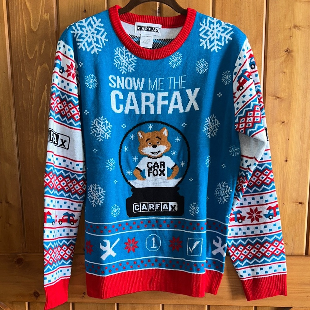 Carfax Snow me the Carfax Blue & Red Ugly Sweater holiday winter Fun car medium